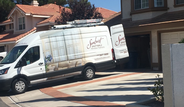 With an in-home consultation, we take the showroom to your room. Alt text: Sunburst Shutters van parked at customer's home.
